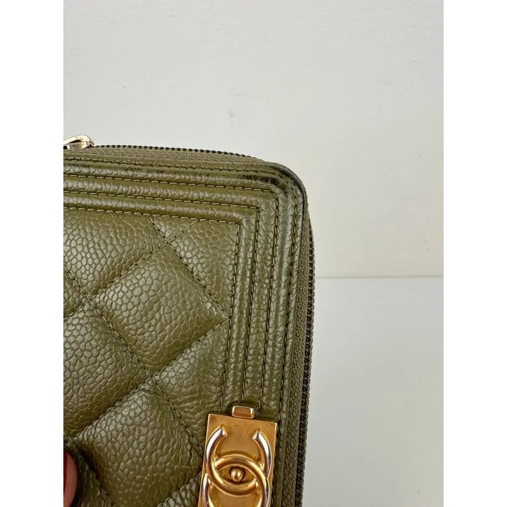 CHANEL Khaki Green Continental Wallet Leather Quilted Inner Pocket Zip Around